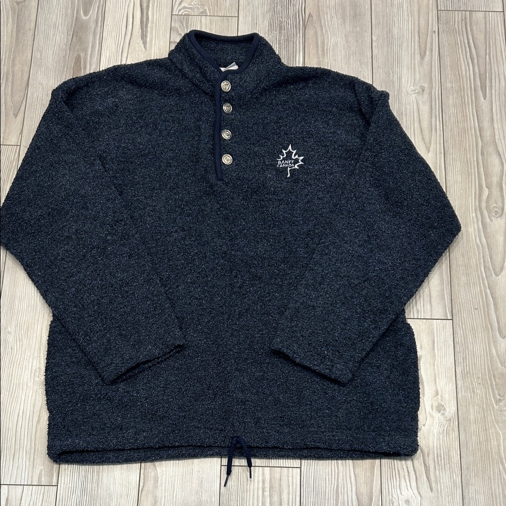 Vintage City Scape Men’s Dark Blue Button-Up Crewneck Fleece Pockets Size Large